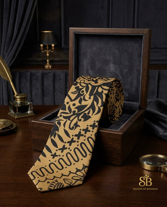Gold pure silk Banarasi handloom necktie from Varanasi with hand printed ornamental damask