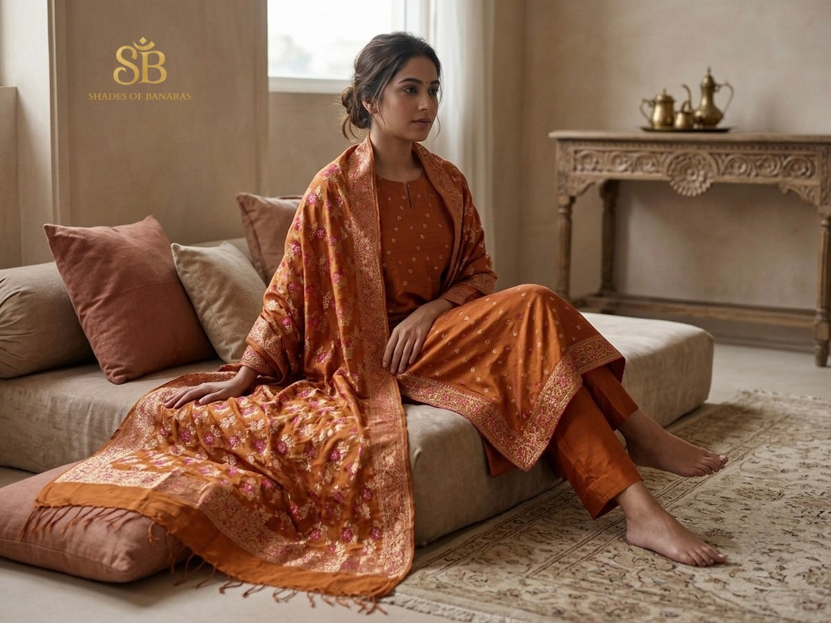 Golden Ember Orange Luxe Handloom Banarasi Katan Silk Suit Set - Shades of Banaras