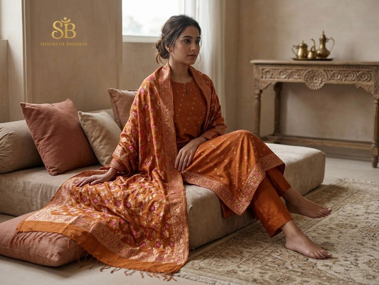 Golden Ember Orange Luxe Handloom Banarasi Katan Silk Suit Set - Shades of Banaras