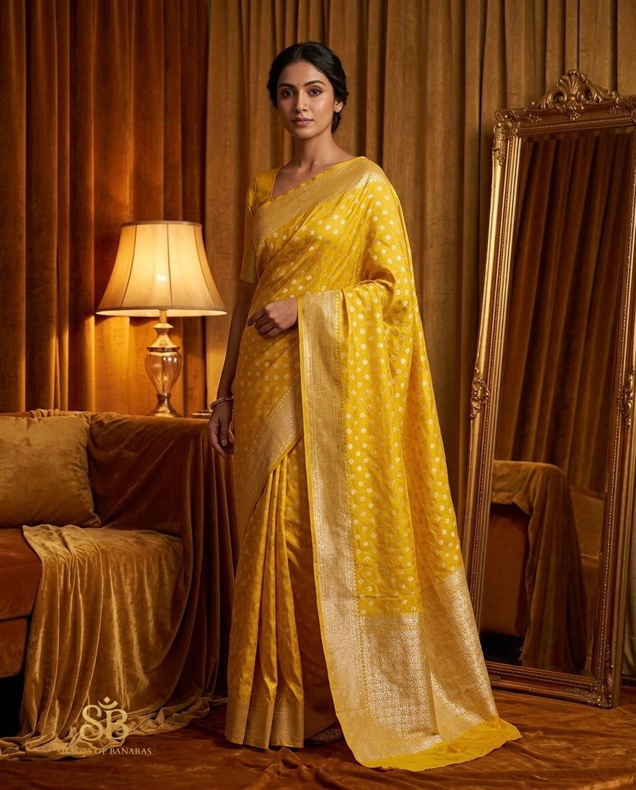 Golden yellow pure Katan silk Banarasi handloom saree with zari border