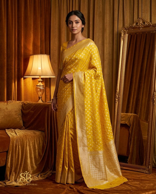 Golden yellow pure Katan silk Banarasi handloom saree with zari border