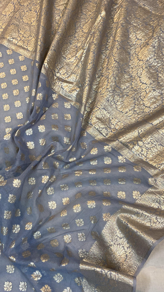 Graceful Grey Handwoven Cotton Silk Banarasi Sari by Shades Of Benares - banarasi - banarasi saree shop