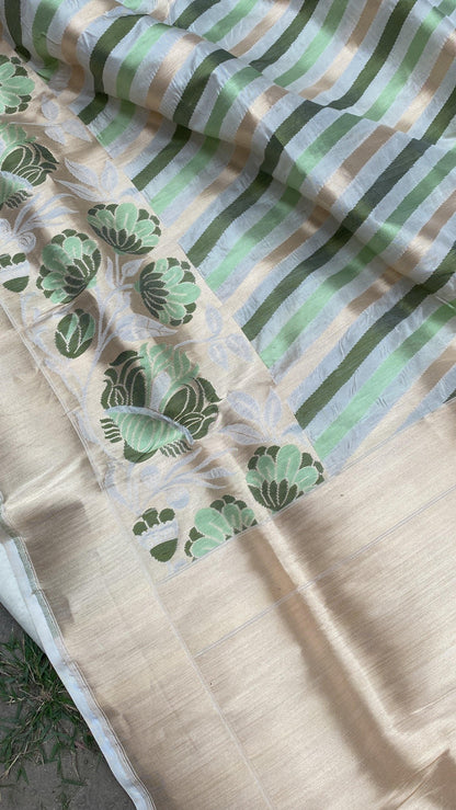 Green & White Pure Banarasi Silk Sari by Shades Of Benares - banarasi - banarasi saree shop