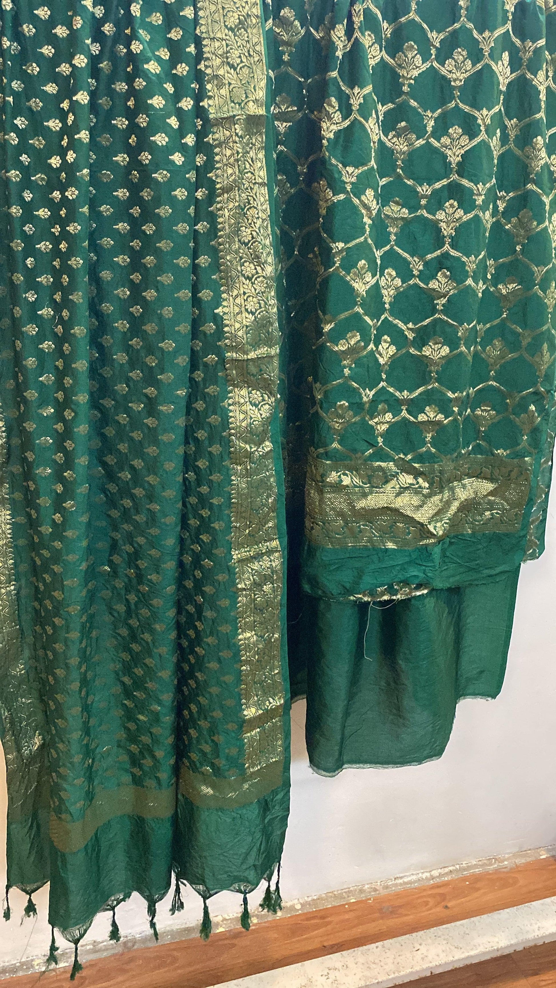 Green Banarasi cotton silk handloom 3 pcs suit set by Shades Of Benares - banarasi - banarasi saree shop