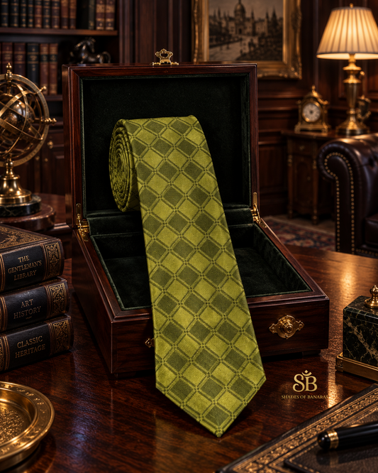 Green pure silk Banarasi handloom necktie with hand printed diamond lattice design - Shades of Banaras