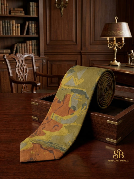 Green pure silk Banarasi handloom necktie from Varanasi with hand printed abstract geometric