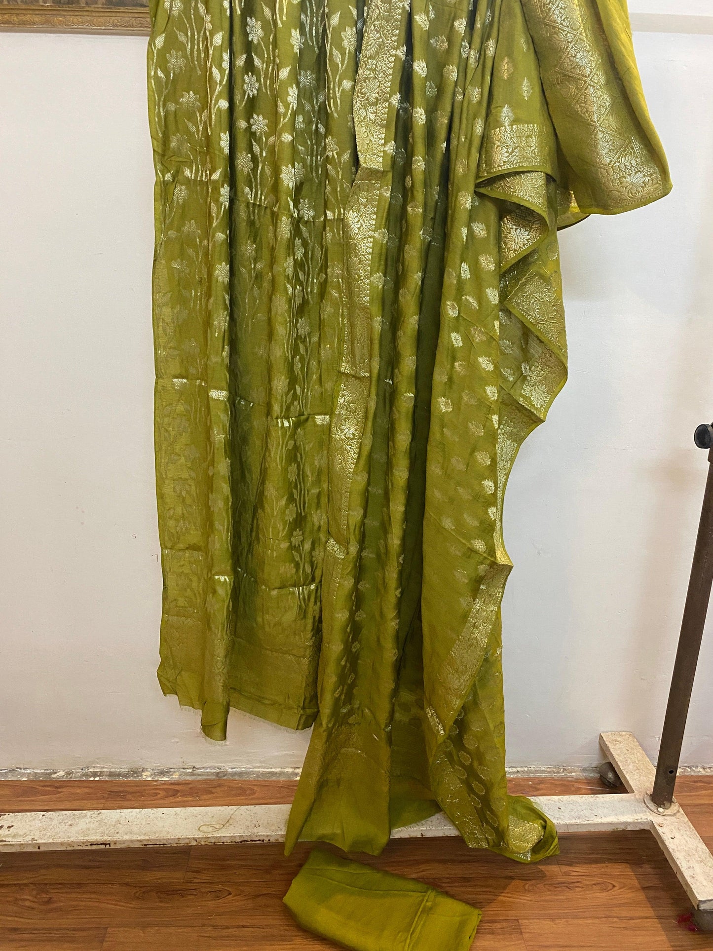 Green Handwoven Cotton Silk 3 pcs Dress Material by Shades Of Benares - banarasi - banarasi saree shop