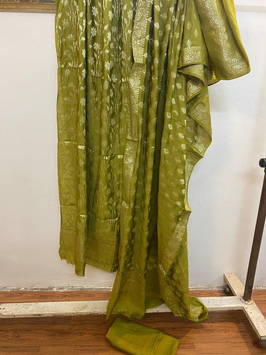 Green Handwoven Cotton Silk 3 pcs Dress Material by Shades Of Benares - banarasi - banarasi saree shop