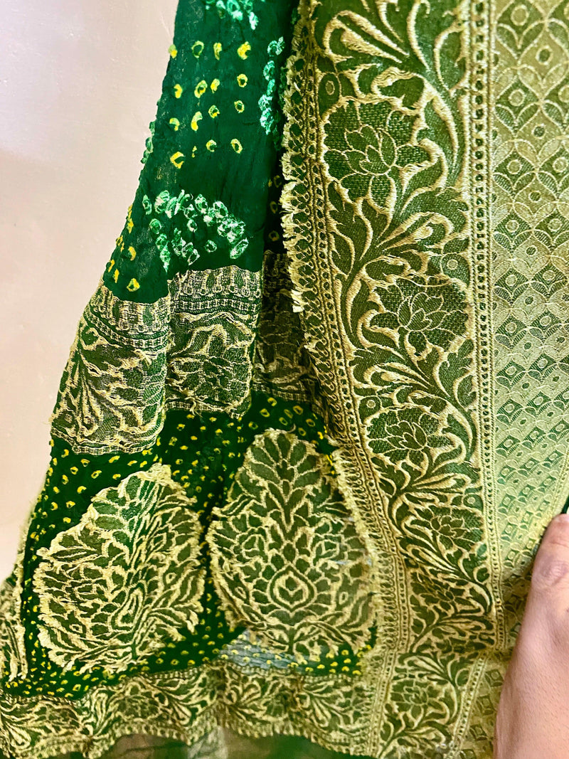 Green Pure Khaddi Georgette Bandhani Dupatta - Shades Of Benares