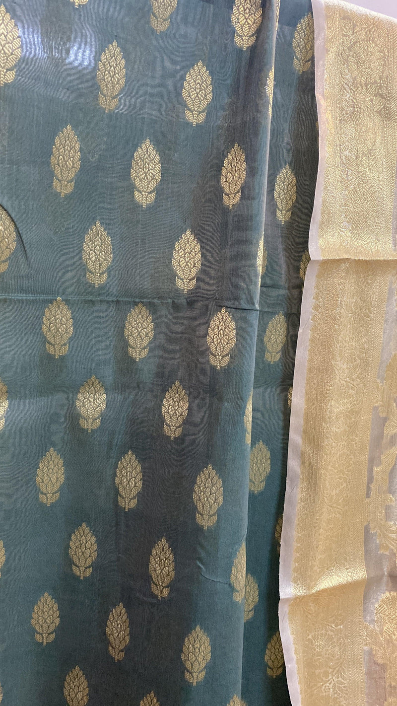 Grey Banarasi cotton handloom 3 pcs suit set with Tissue Dupatta by Shades Of Benares - banarasi - banarasi saree shop