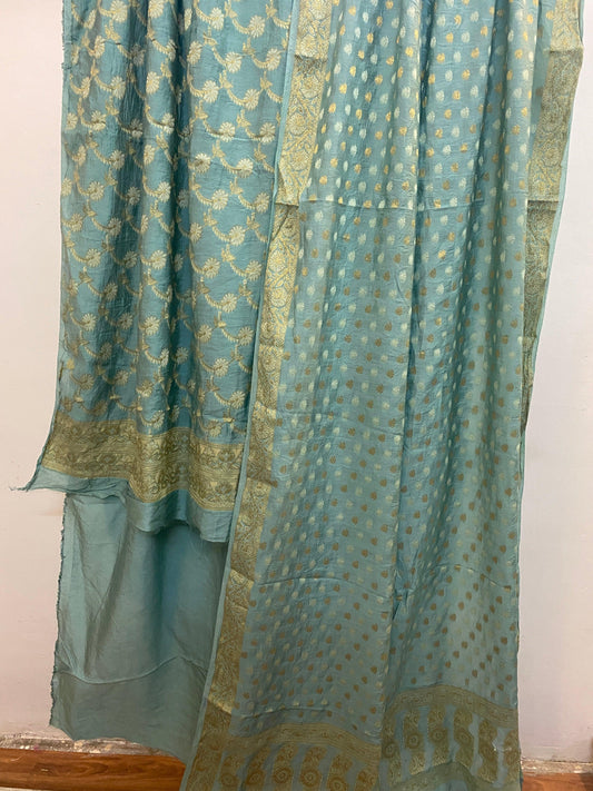 Grey Banarasi cotton silk handloom 3 pcs suit set by Shades Of Benares - banarasi - banarasi saree shop