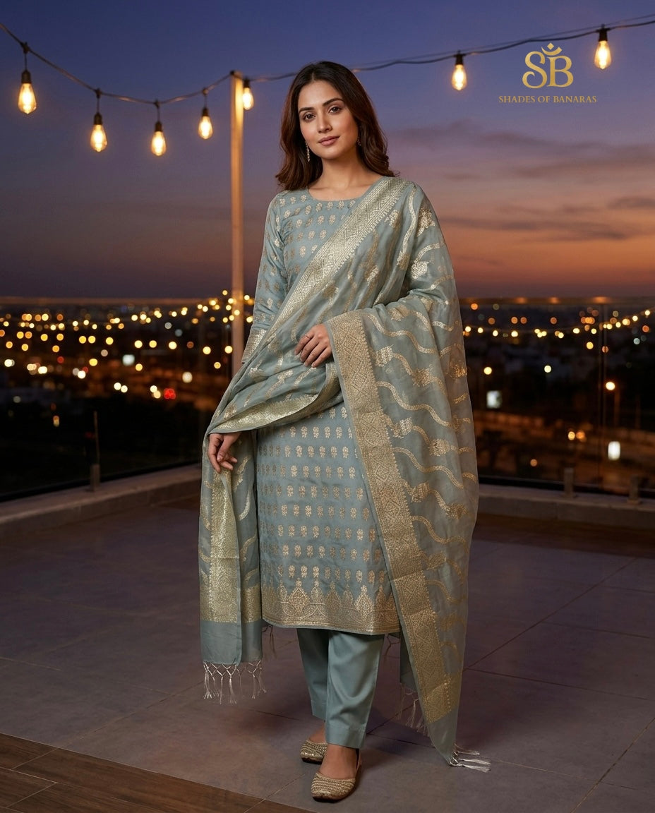 Slate blue pure cotton silk Banarasi handloom unstitched suit set at dusk