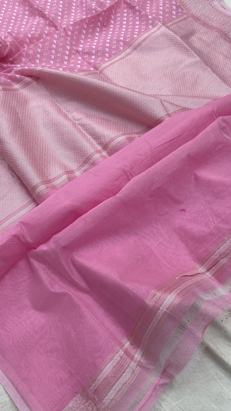 Handwoven Baby Pink Pure Banarasi Cotton Sari by Shades Of Benares - banarasi - banarasi saree shop