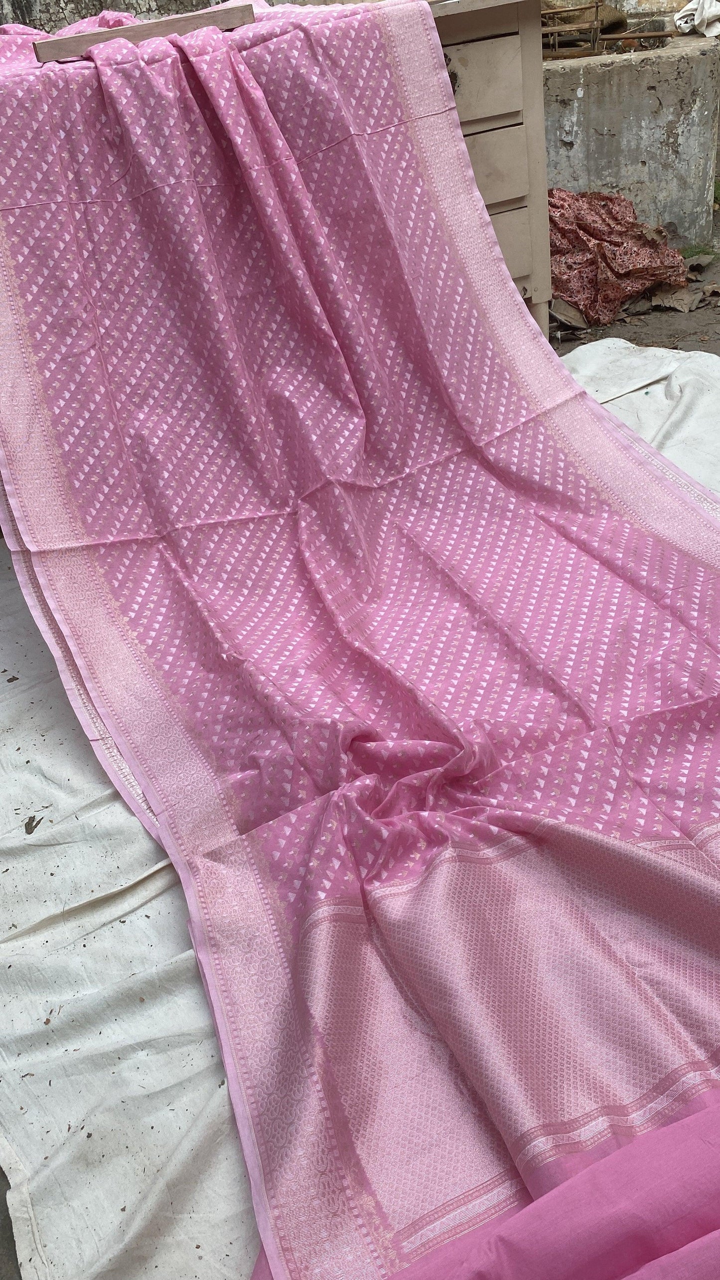 Handwoven Baby Pink Pure Banarasi Cotton Sari by Shades Of Benares - banarasi - banarasi saree shop