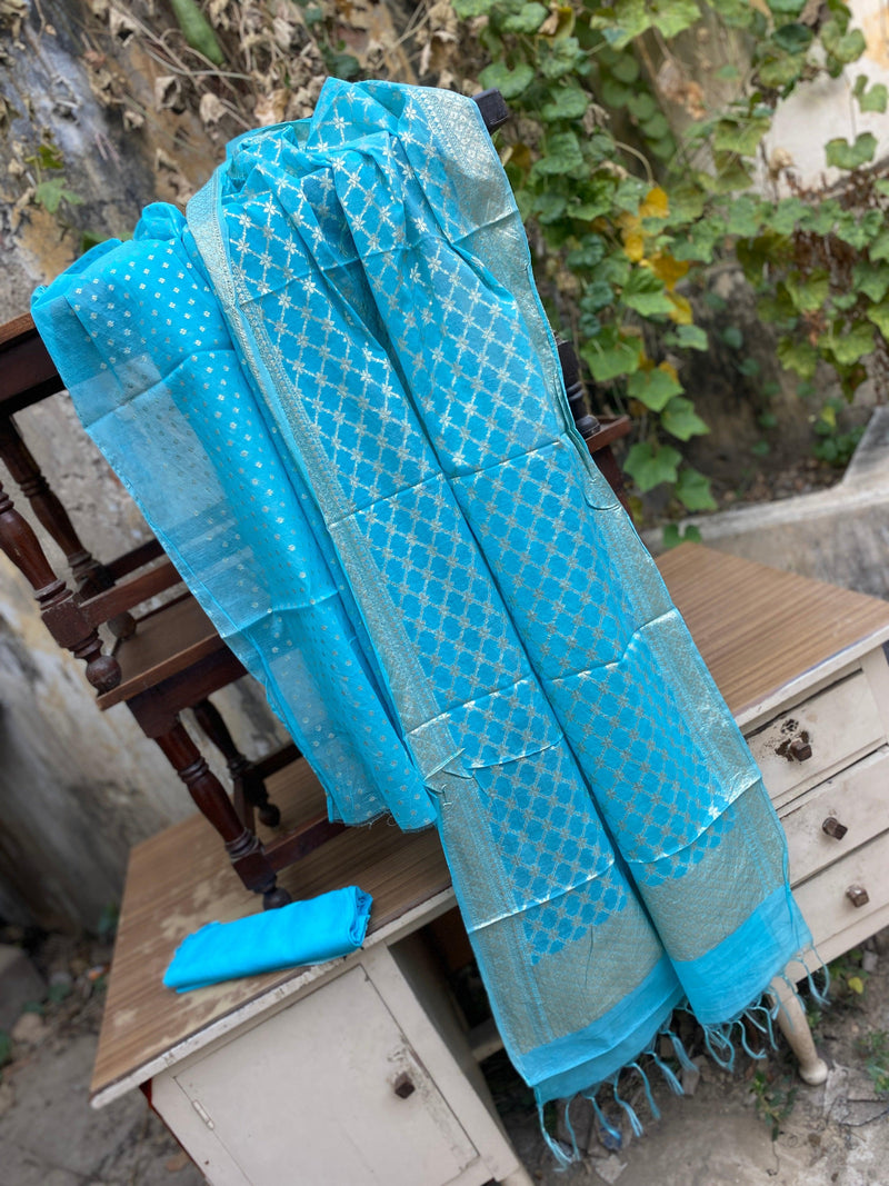 Handwoven Blue Organza 3 pcs Dress Material - Shades Of Benares