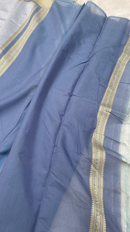 Handwoven Blue Pure Banarasi Cotton Sari by Shades Of Benares - banarasi - banarasi saree shop