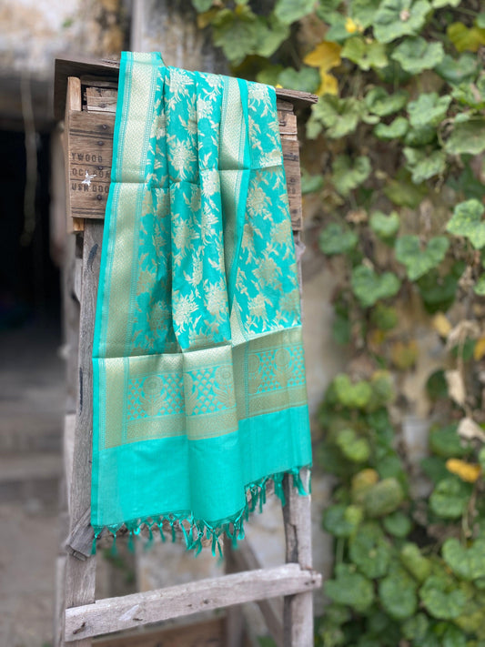 Handwoven Blue Silk Dupatta by Shades Of Benares - banarasi - banarasi saree shop