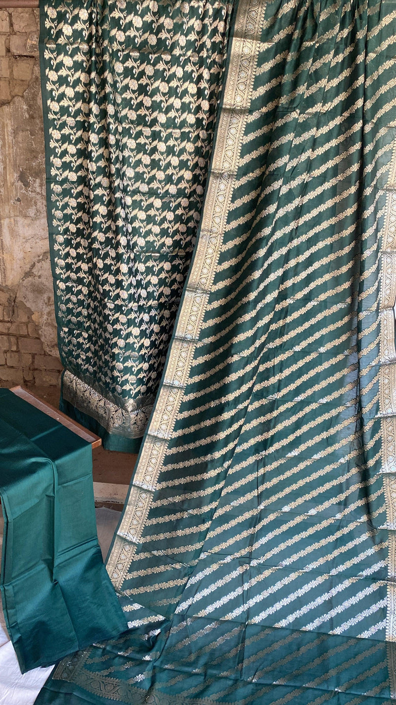 Handwoven Bottle Green Cotton Silk 3 pcs Dress Material - Shades Of Benares