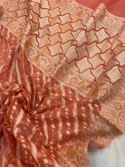 Handwoven Carrot Red Pure Banarasi Cotton Sari by Shades Of Benares - banarasi - banarasi saree shop