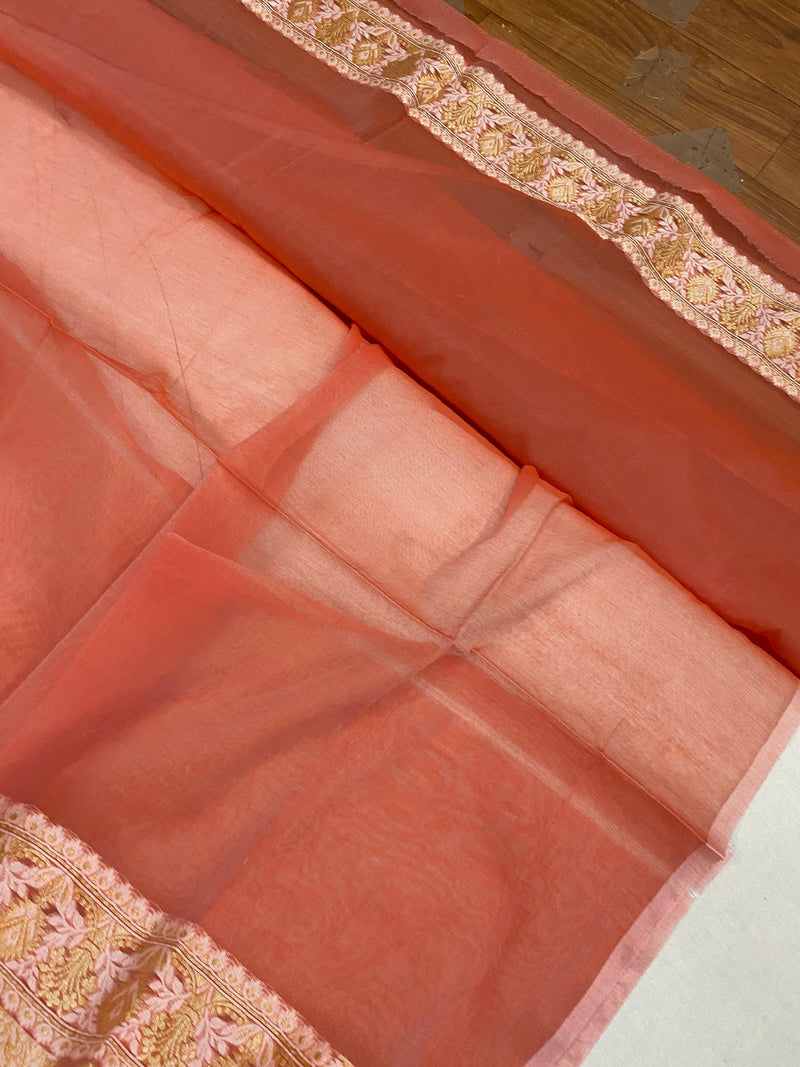 Handwoven Carrot Red Pure Banarasi Cotton Sari - Shades Of Benares