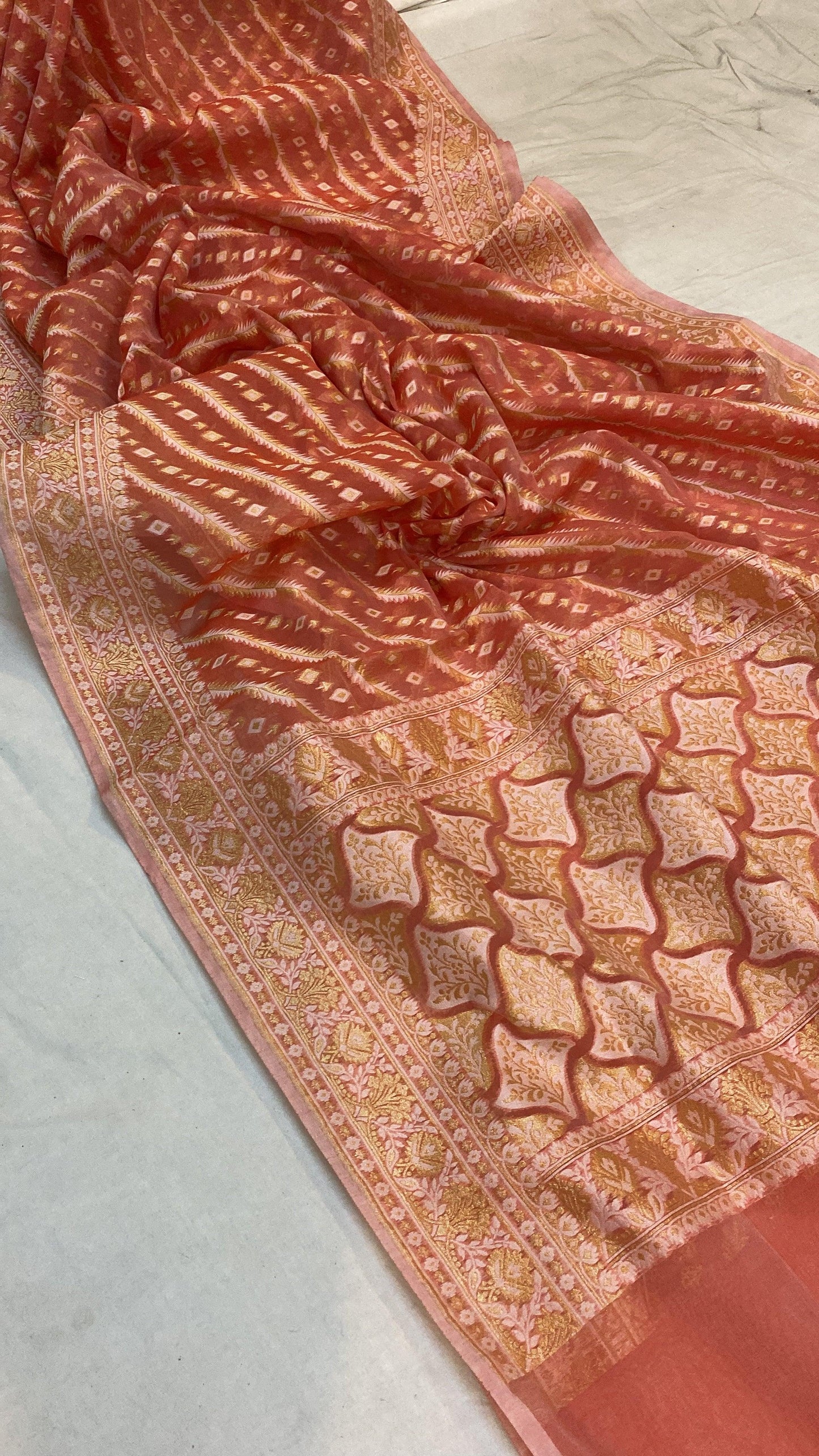 Handwoven Carrot Red Pure Banarasi Cotton Sari by Shades Of Benares - banarasi - banarasi saree shop