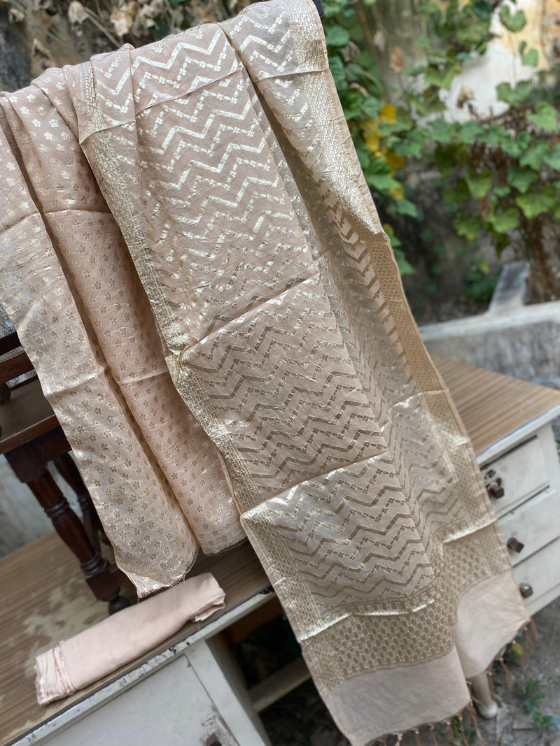 Handwoven Creme Organza 3 pcs Dress Material - Shades Of Benares