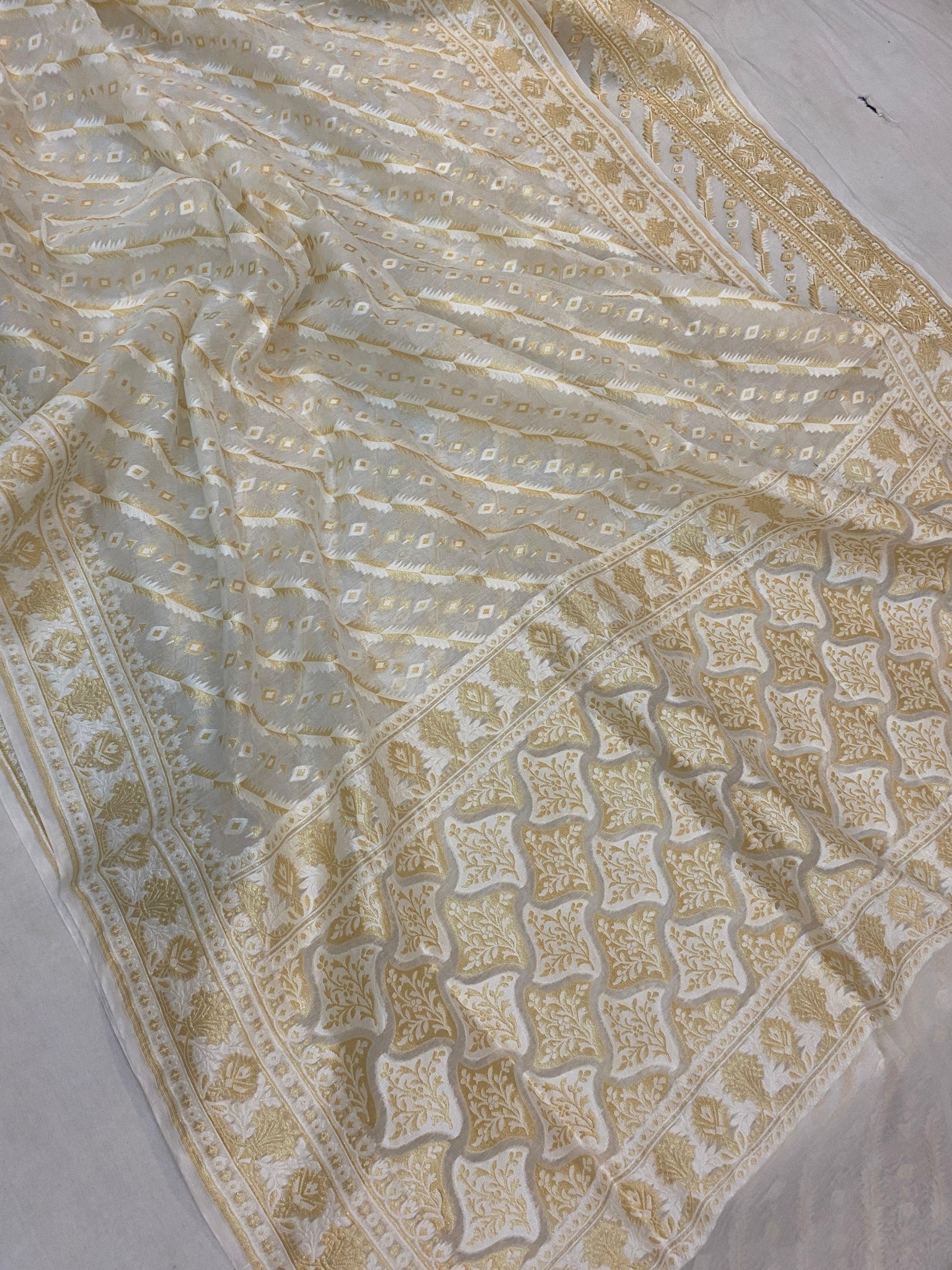 Handwoven Creme Pure Banarasi Cotton Sari by Shades Of Benares - banarasi - banarasi saree shop