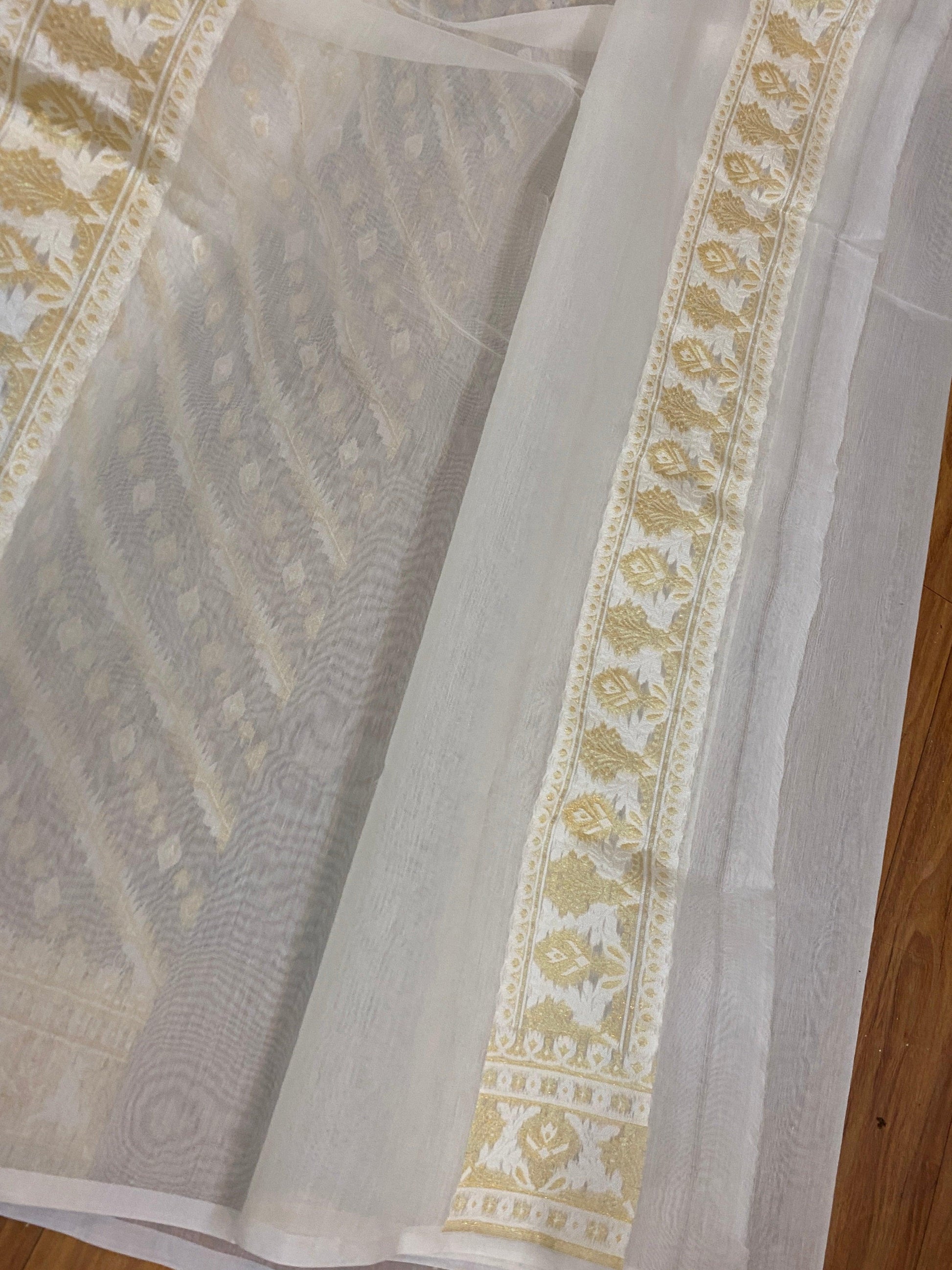 Handwoven Creme Pure Banarasi Cotton Sari by Shades Of Benares - banarasi - banarasi saree shop