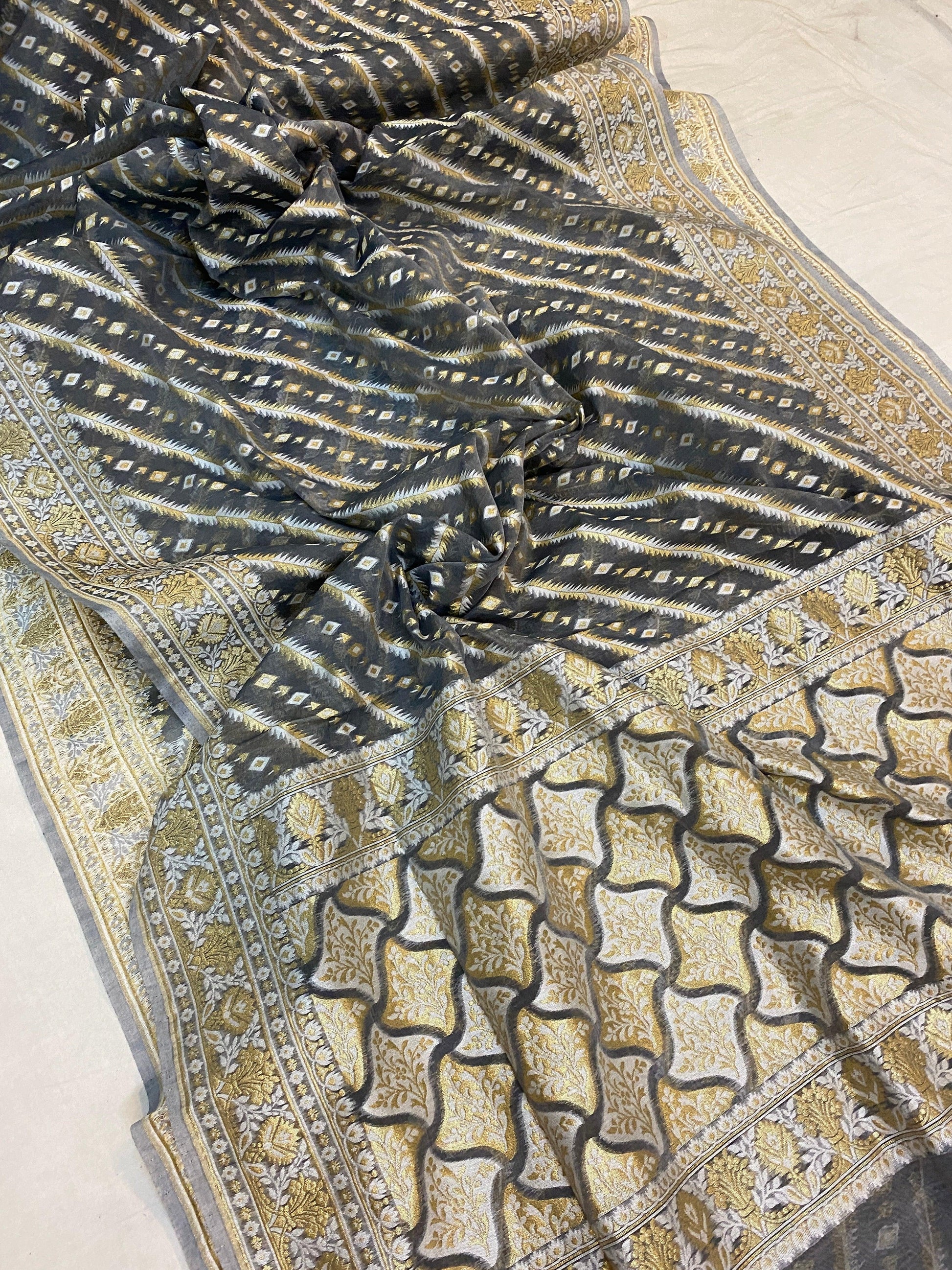 Handwoven Dark Grey Pure Banarasi Cotton Sari by Shades Of Benares - banarasi - banarasi saree shop