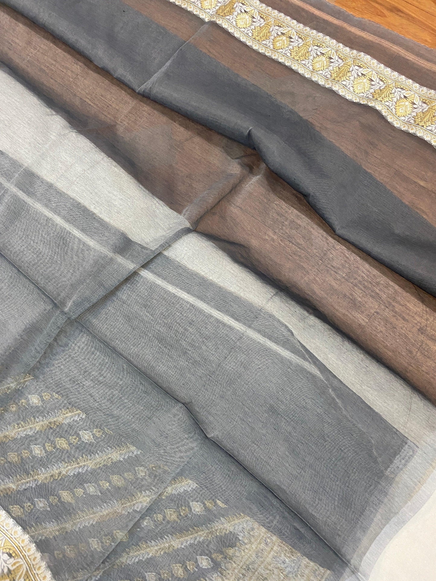 Handwoven Dark Grey Pure Banarasi Cotton Sari by Shades Of Benares - banarasi - banarasi saree shop