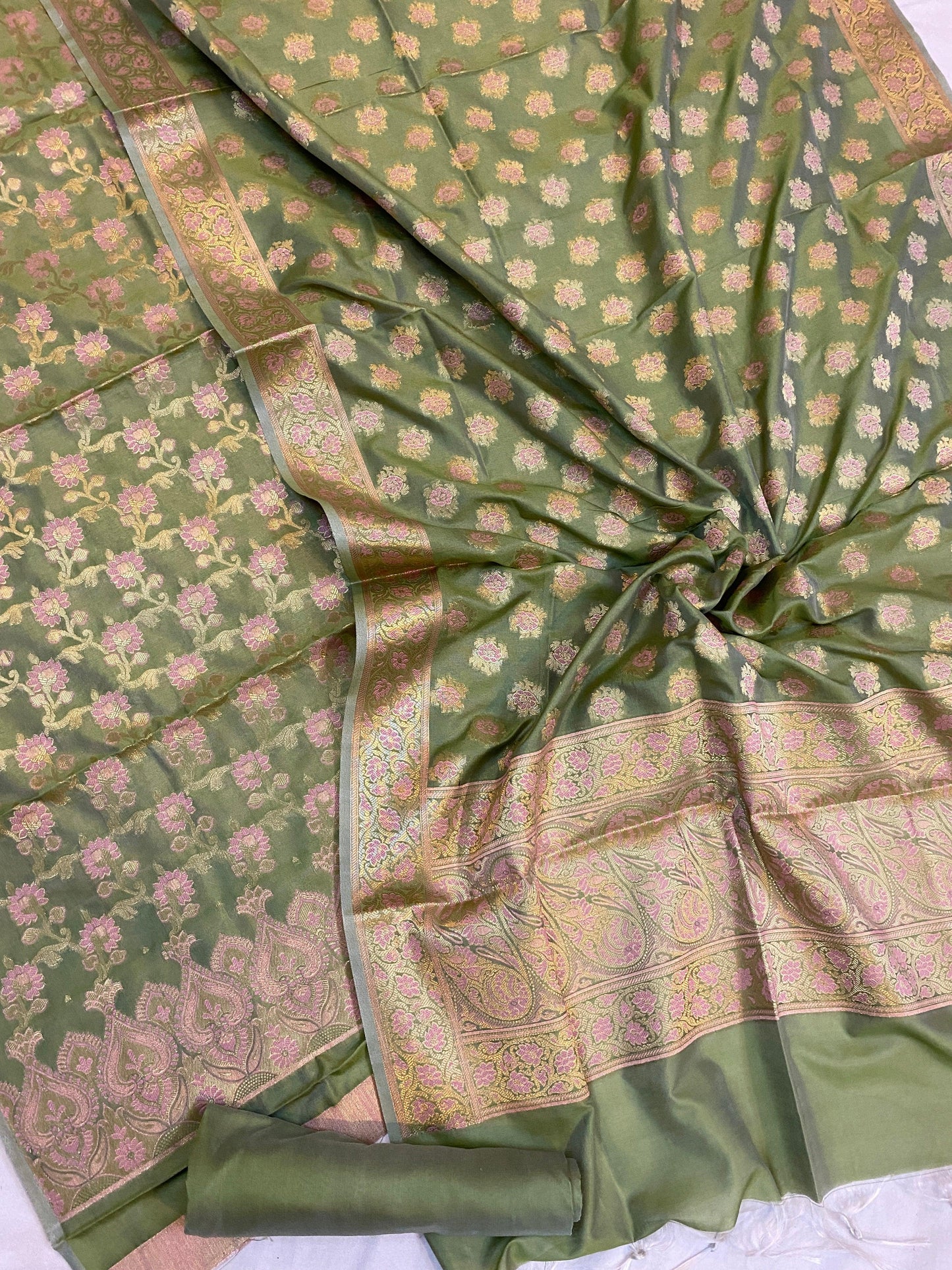 Handwoven Green Cotton Silk 3 pcs Dress Material by Shades Of Benares - banarasi - banarasi saree shop