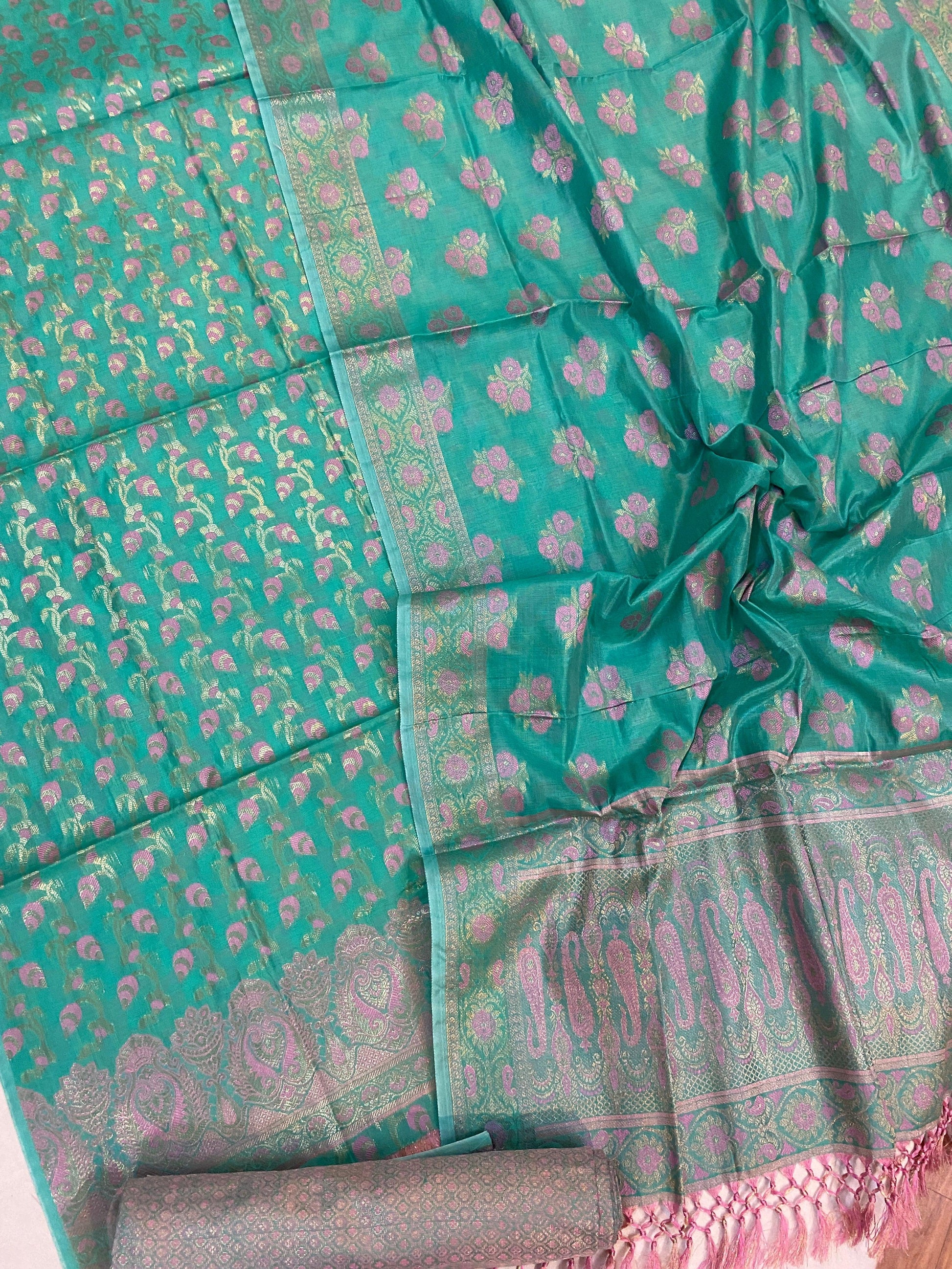 Handwoven Green Cotton Silk 3 pcs Dress Material by Shades Of Benares - banarasi - banarasi saree shop