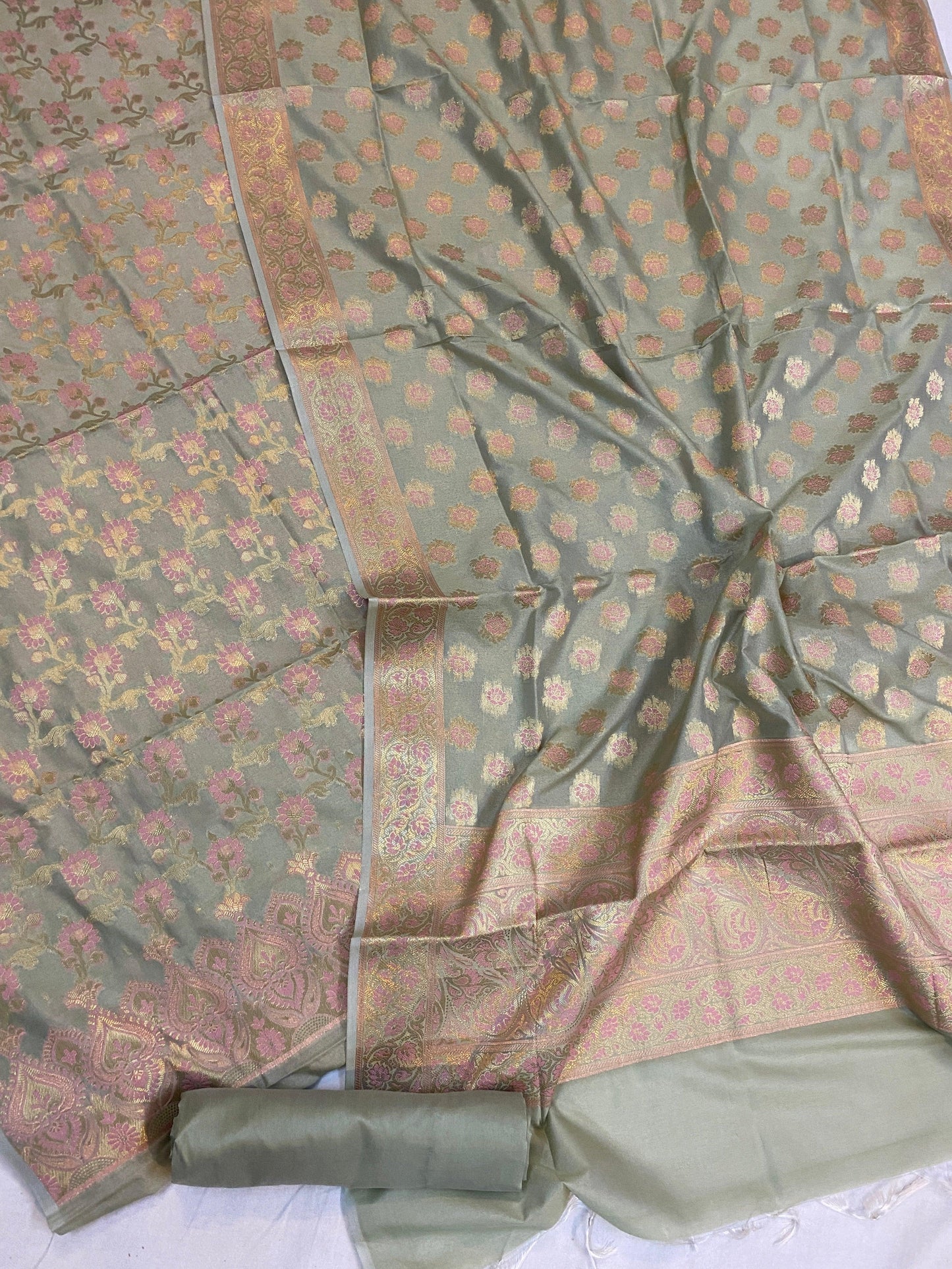 Handwoven Green Cotton Silk 3 pcs Dress Material by Shades Of Benares - banarasi - banarasi saree shop