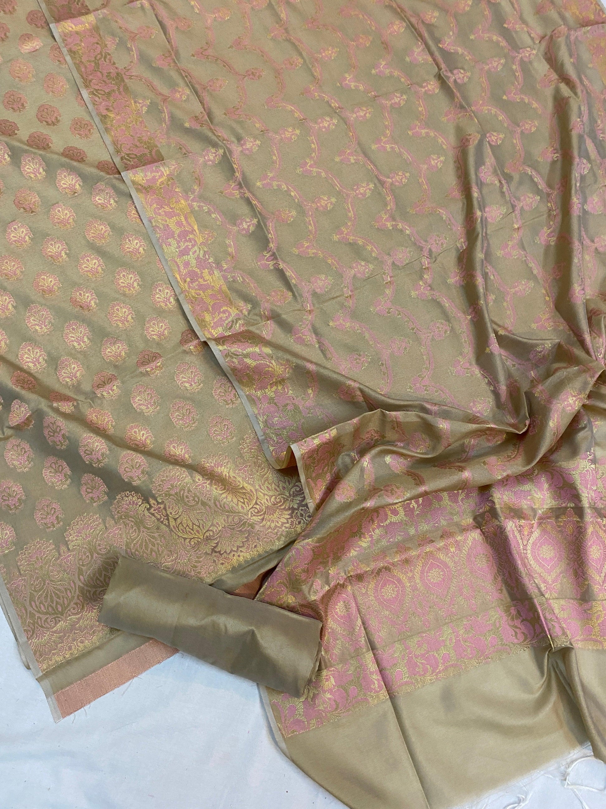 Handwoven Green Cotton Silk 3 pcs Dress Material by Shades Of Benares - banarasi - banarasi saree shop