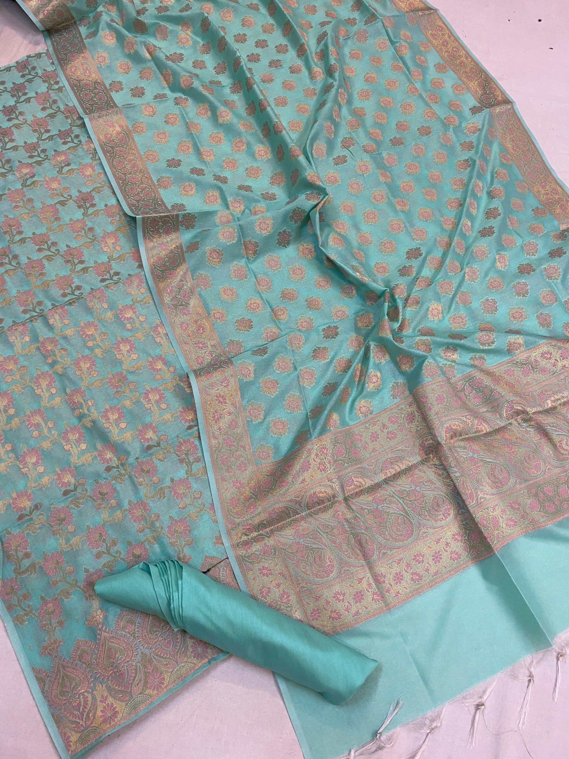 Handwoven Green Cotton Silk 3 pcs Dress Material by Shades Of Benares - banarasi - banarasi saree shop