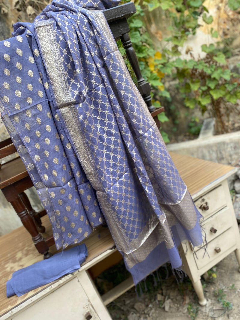 Handwoven Grey Organza 3 pcs Dress Material - Shades Of Benares