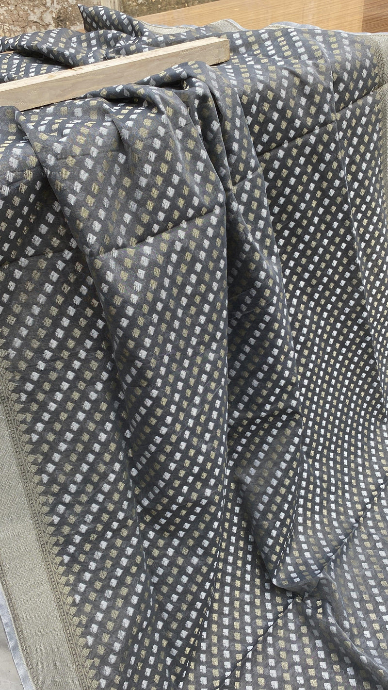 Handwoven Grey Pure Banarasi Cotton Sari by Shades Of Benares - banarasi - banarasi saree shop