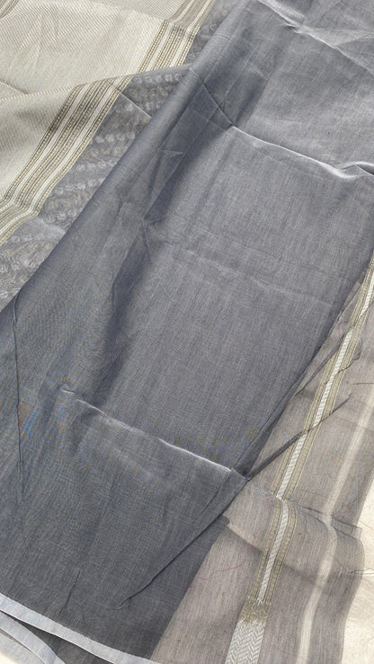 Handwoven Grey Pure Banarasi Cotton Sari by Shades Of Benares - banarasi - banarasi saree shop