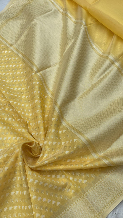 Handwoven Lemon Yellow Pure Banarasi Cotton Sari by Shades Of Benares - banarasi - banarasi saree shop