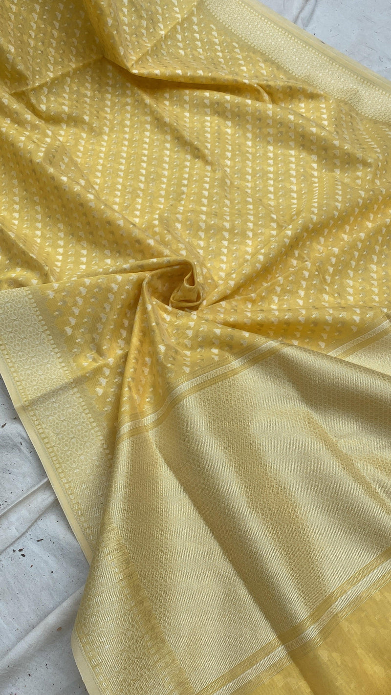 Handwoven Lemon Yellow Pure Banarasi Cotton Sari by Shades Of Benares - banarasi - banarasi saree shop