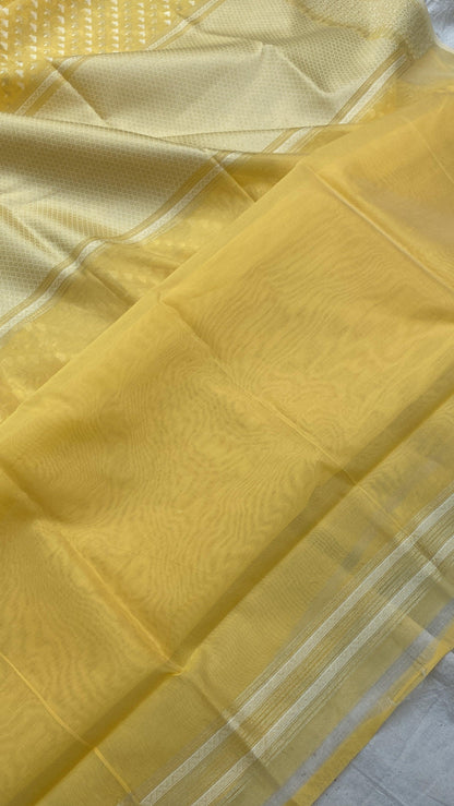 Handwoven Lemon Yellow Pure Banarasi Cotton Sari by Shades Of Benares - banarasi - banarasi saree shop