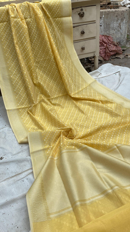 Handwoven Lemon Yellow Pure Banarasi Cotton Sari by Shades Of Benares - banarasi - banarasi saree shop