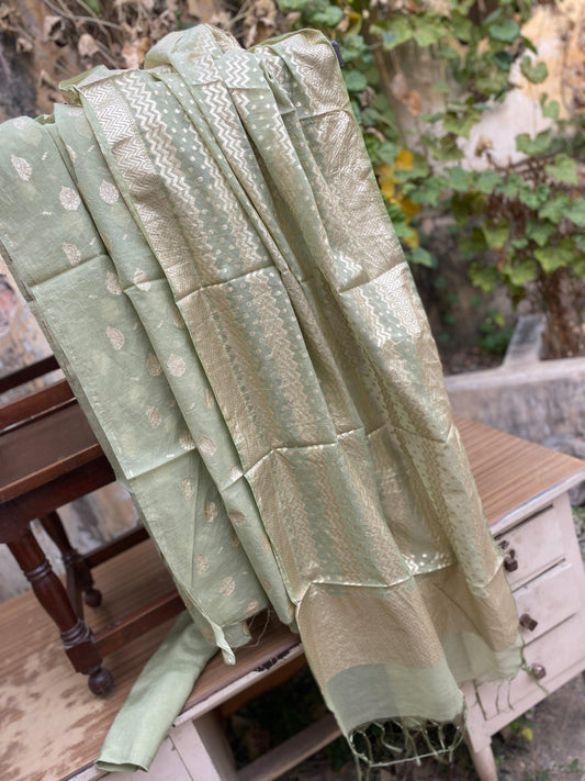 Handwoven Mint Green Organza 3 pcs Dress Material by Shades Of Benares - banarasi - banarasi saree shop