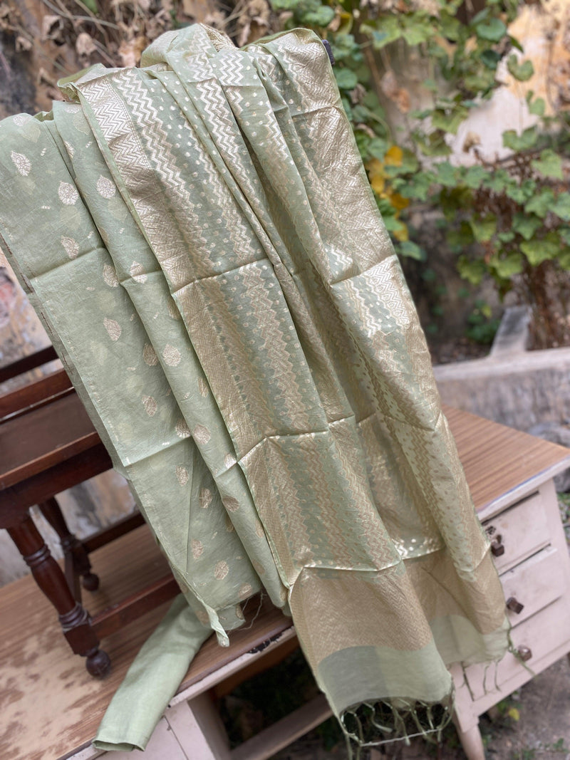 Handwoven Mint Green Organza 3 pcs Dress Material - Shades Of Benares