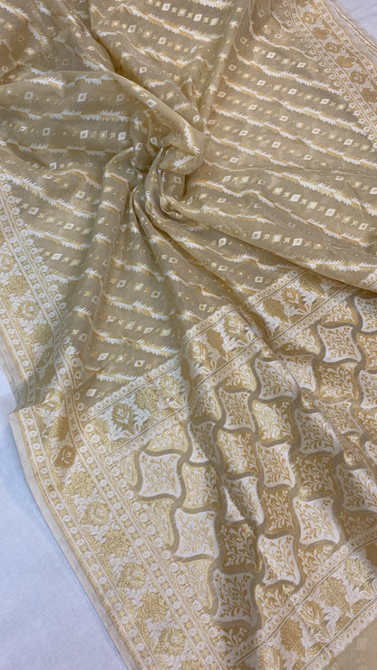 Handwoven OffWhite Pure Banarasi Cotton Sari by Shades Of Benares - banarasi - banarasi saree shop