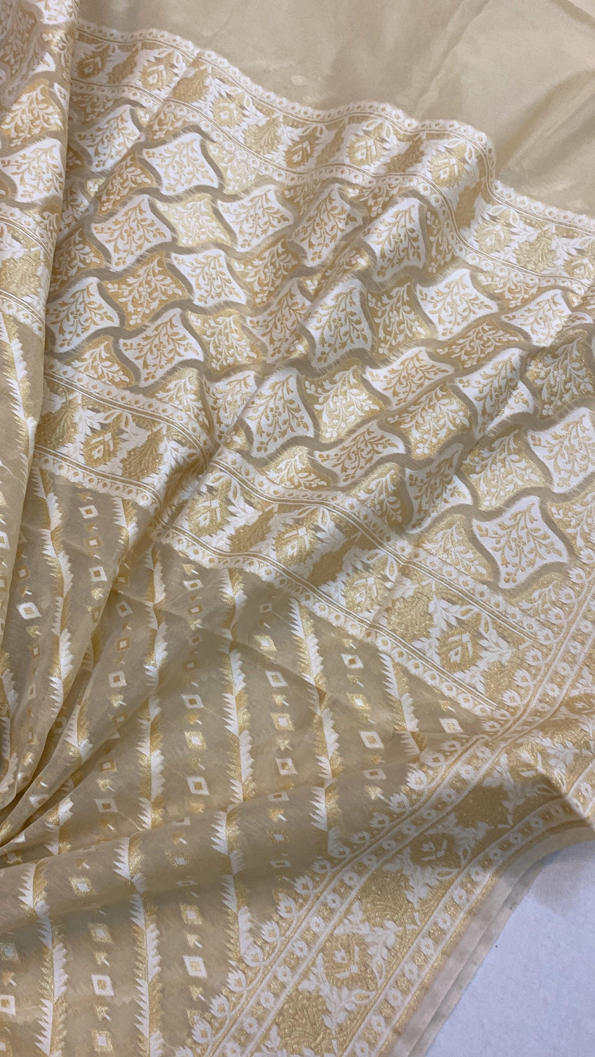 Handwoven OffWhite Pure Banarasi Cotton Sari by Shades Of Benares - banarasi - banarasi saree shop