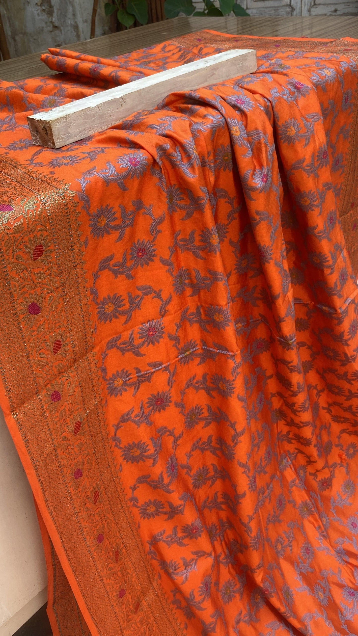 Handwoven Orange Banarasi Silk Sari by Shades Of Benares - banarasi - banarasi saree shop