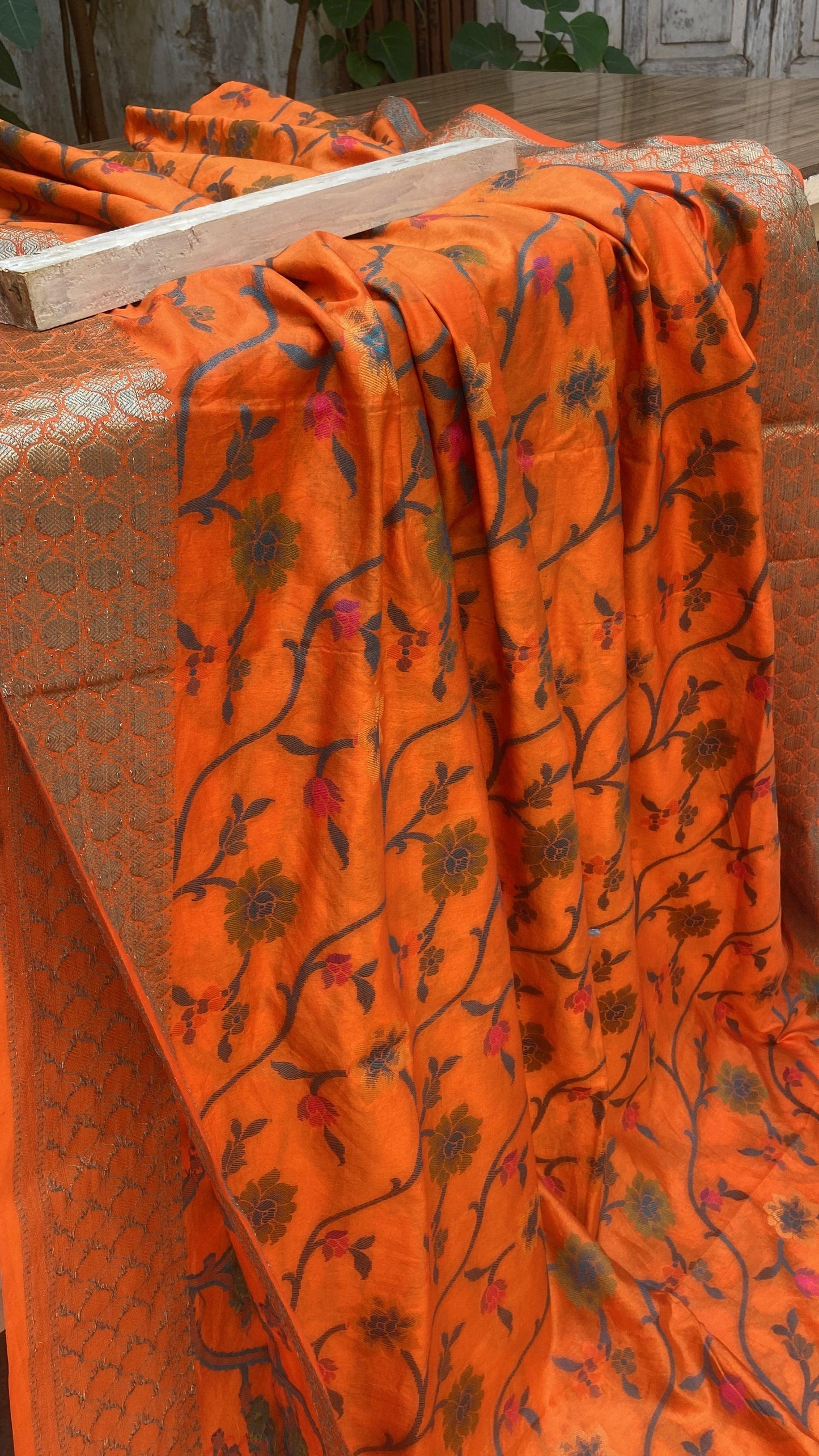 Handwoven Orange Banarasi Silk Sari by Shades Of Benares - banarasi - banarasi saree shop