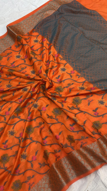 Handwoven Orange Banarasi Silk Sari by Shades Of Benares - banarasi - banarasi saree shop