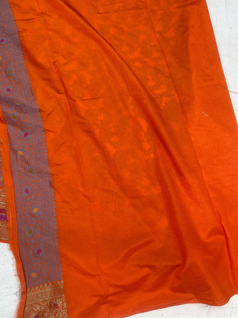 Handwoven Orange Banarasi Silk Sari by Shades Of Benares - banarasi - banarasi saree shop